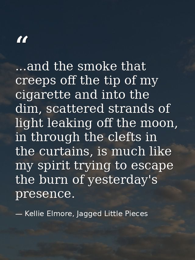 ...and the smoke that creeps off the tip of my cigarette and into the dim, scattered strands of light leaking off the mo — Kellie Elmore, Jagged Little Pieces