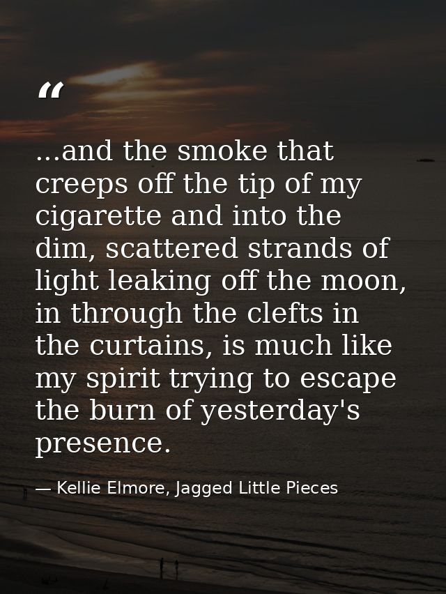 ...and the smoke that creeps off the tip of my cigarette and into the dim, scattered strands of light leaking off the mo — Kellie Elmore, Jagged Little Pieces