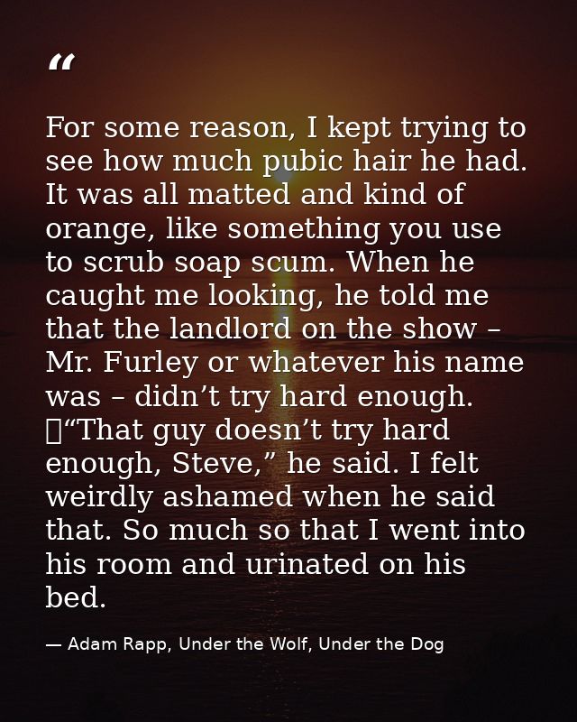 For some reason, I kept trying to see how much pubic hair he had. It was all matted and kind of orange, like something y — Adam Rapp, Under the Wolf, Under the Dog