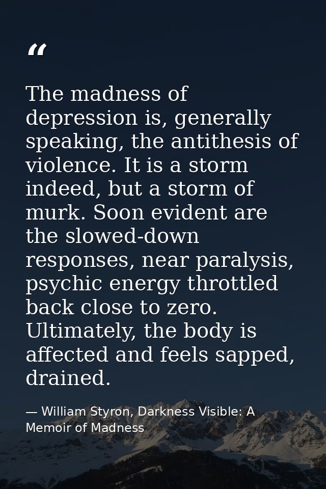 The madness of depression is, generally speaking, the antithesis of violence. It is a storm indeed, but a storm of murk. — William Styron, Darkness Visible: A Memoir of Madness