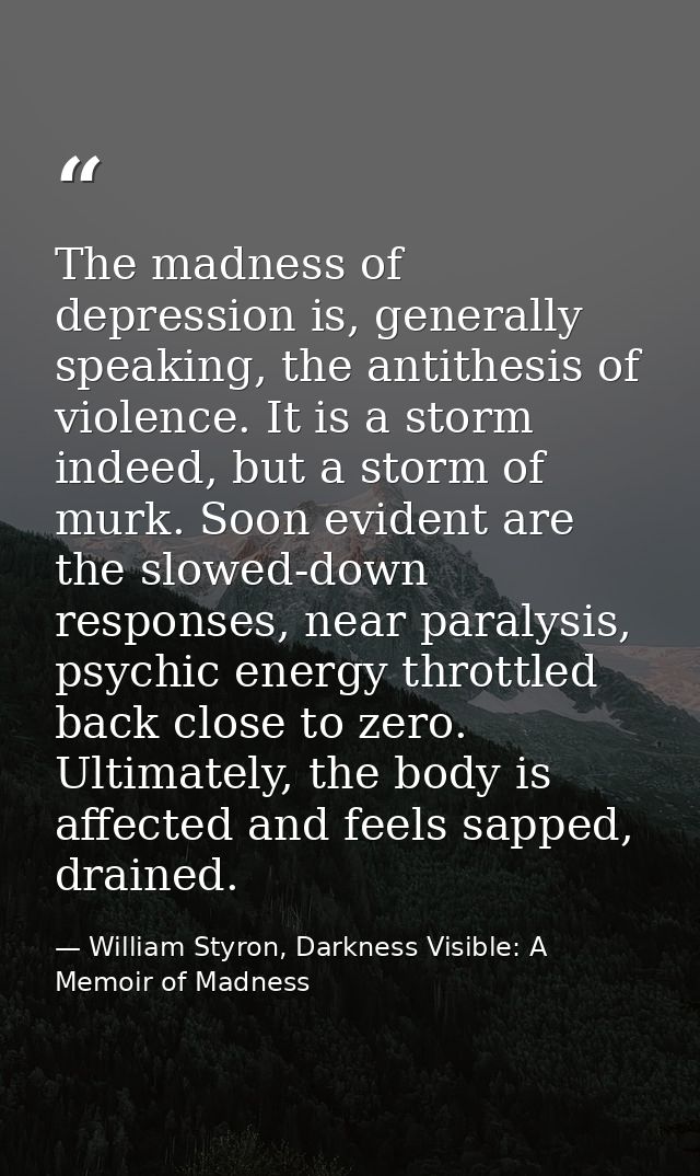 The madness of depression is, generally speaking, the antithesis of violence. It is a storm indeed, but a storm of murk. — William Styron, Darkness Visible: A Memoir of Madness
