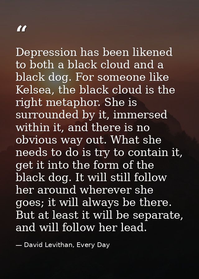 Depression has been likened to both a black cloud and a black dog. For someone like Kelsea, the black cloud is the right — David Levithan, Every Day