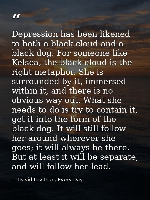 Depression has been likened to both a black cloud and a black dog. For someone like Kelsea, the black cloud is the right — David Levithan, Every Day