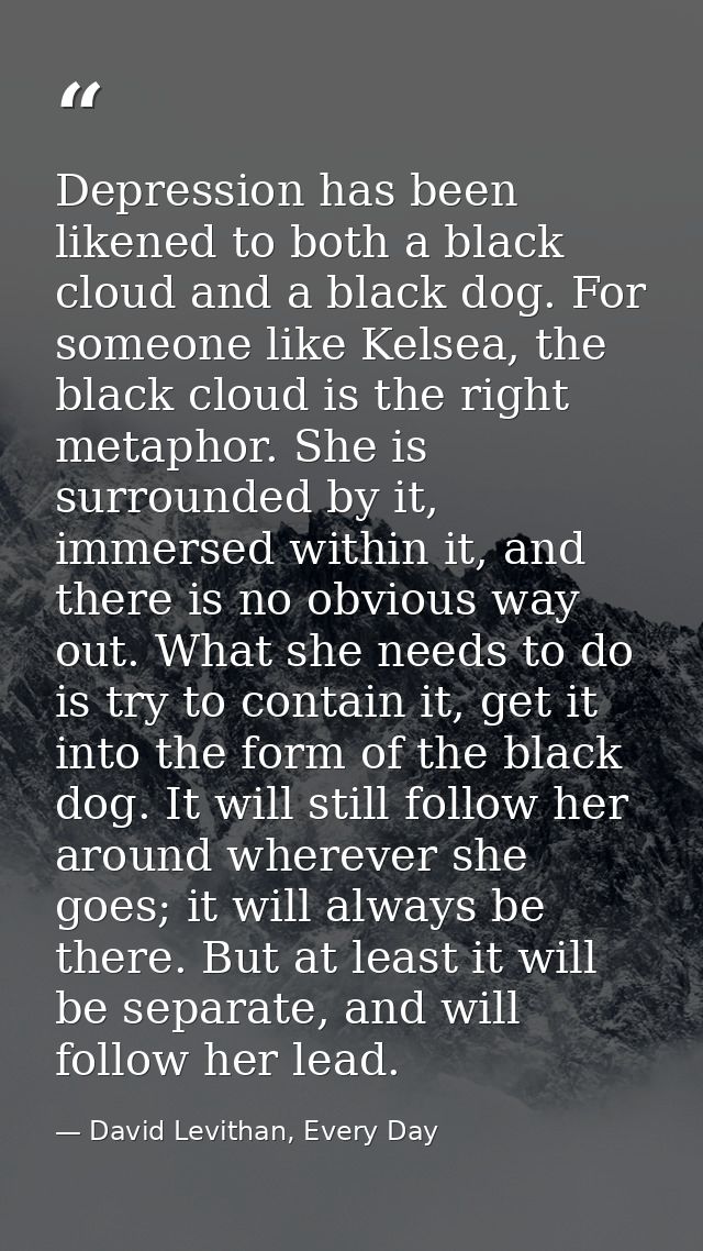 Depression has been likened to both a black cloud and a black dog. For someone like Kelsea, the black cloud is the right — David Levithan, Every Day