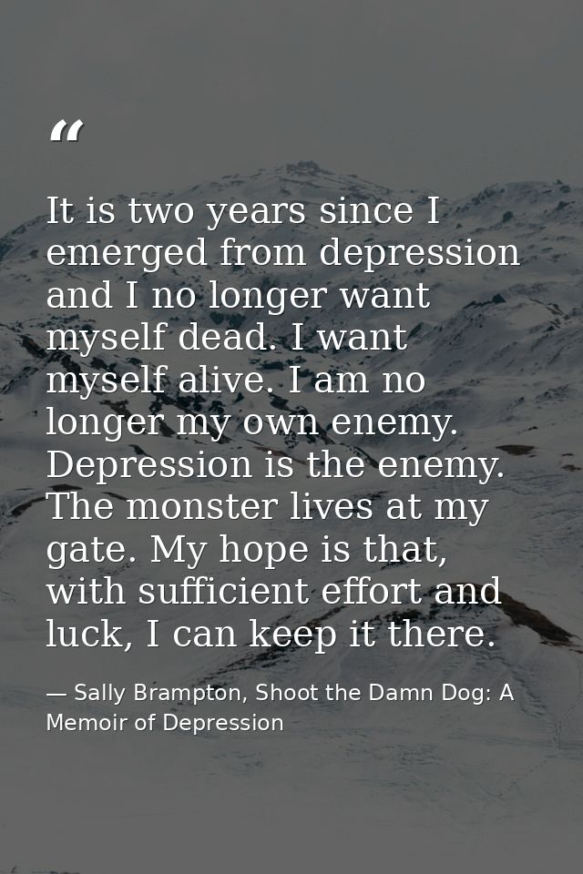 It is two years since I emerged from depression and I no longer want myself dead. I want myself alive. I am no longer my — Sally Brampton, Shoot the Damn Dog: A Memoir of Depression