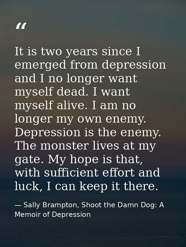 It is two years since I emerged from depression and I no longer want myself dead. I want myself alive. I am no longer my — Sally Brampton, Shoot the Damn Dog: A Memoir of Depression