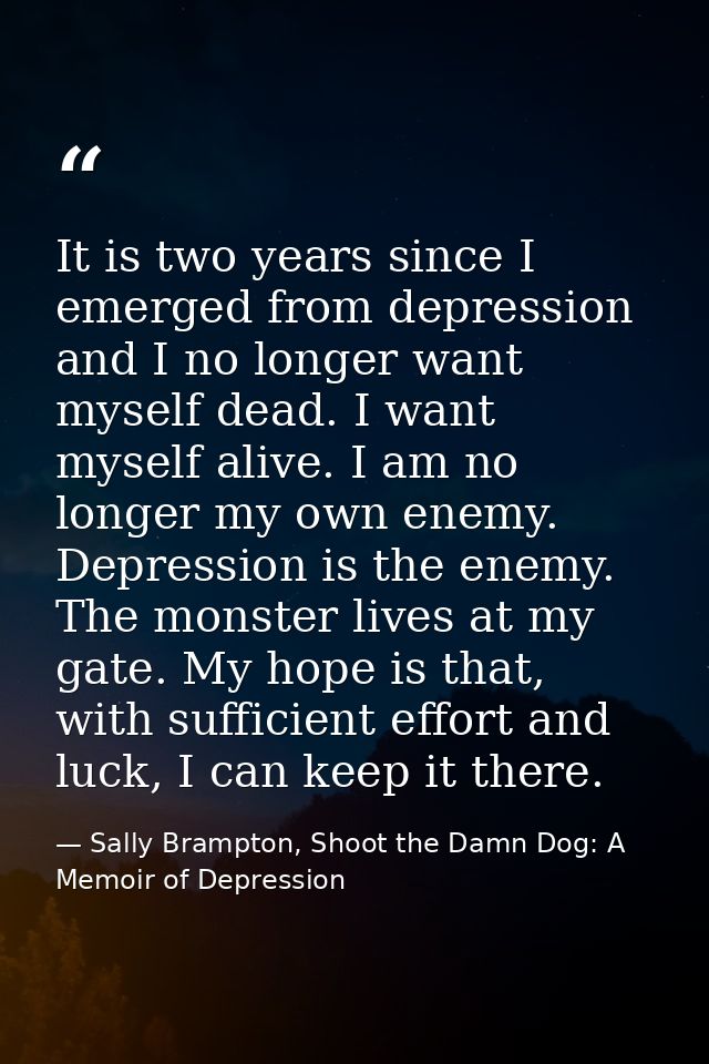It is two years since I emerged from depression and I no longer want myself dead. I want myself alive. I am no longer my — Sally Brampton, Shoot the Damn Dog: A Memoir of Depression