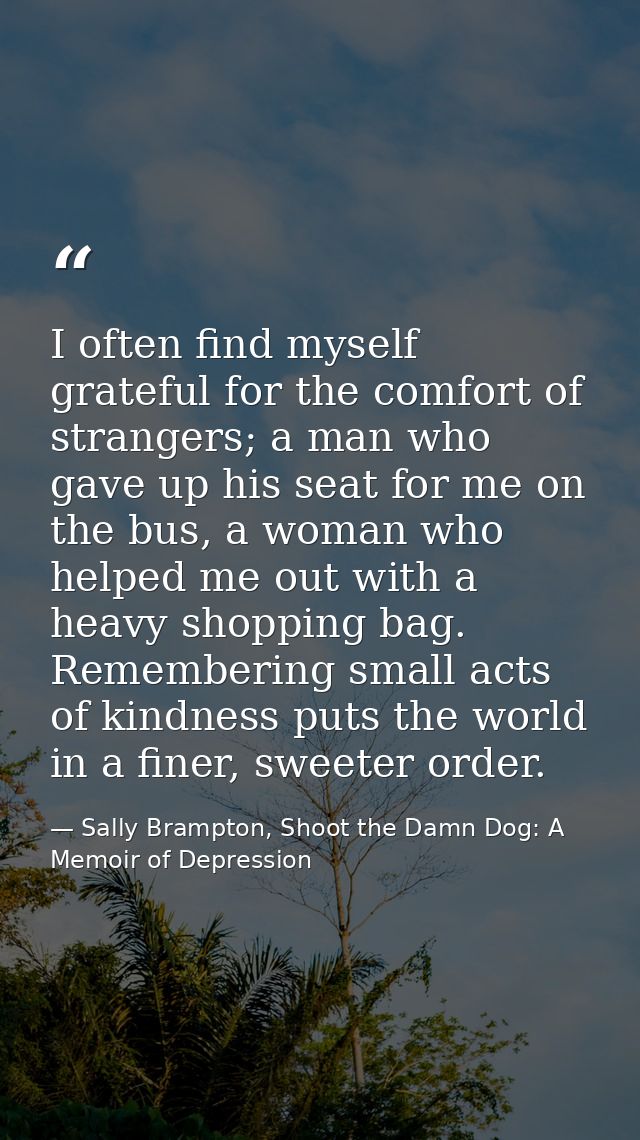 I often find myself grateful for the comfort of strangers; a man who gave up his seat for me on the bus, a woman who hel — Sally Brampton, Shoot the Damn Dog: A Memoir of Depression