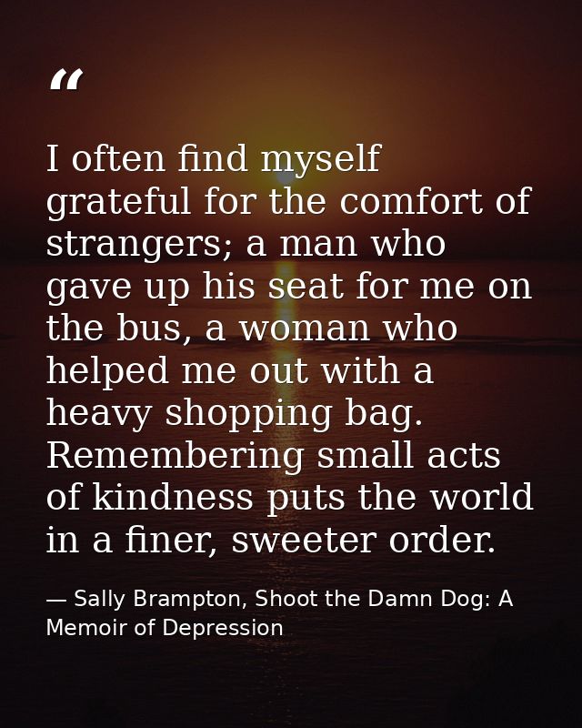 I often find myself grateful for the comfort of strangers; a man who gave up his seat for me on the bus, a woman who hel — Sally Brampton, Shoot the Damn Dog: A Memoir of Depression