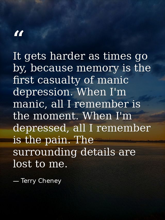 It gets harder as times go by, because memory is the first casualty of manic depression. When I'm manic, all I remember  — Terry Cheney