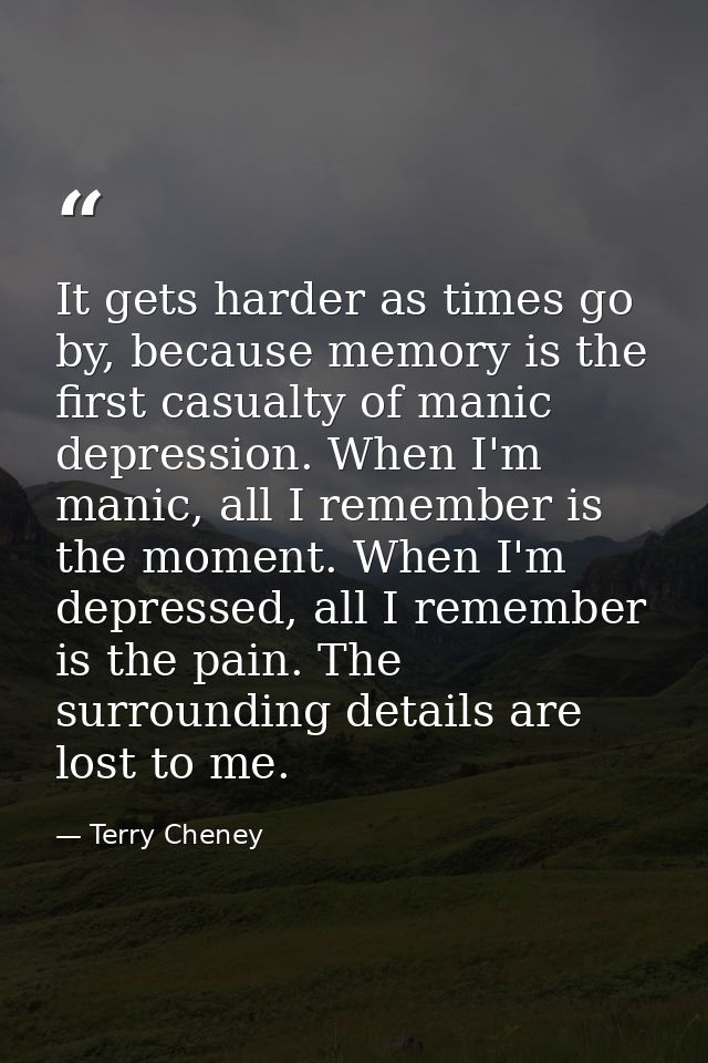 It gets harder as times go by, because memory is the first casualty of manic depression. When I'm manic, all I remember  — Terry Cheney