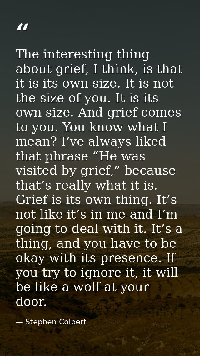 The interesting thing about grief, I think, is that it is its own size. It is not the size of you. It is its own size. A — Stephen Colbert