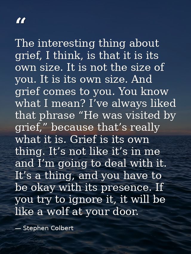 The interesting thing about grief, I think, is that it is its own size. It is not the size of you. It is its own size. A — Stephen Colbert