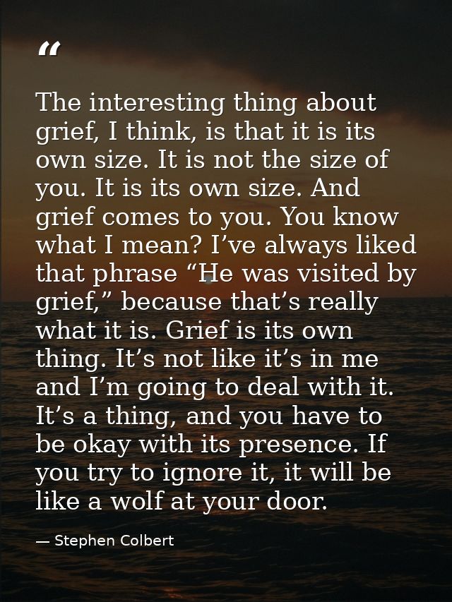 The interesting thing about grief, I think, is that it is its own size. It is not the size of you. It is its own size. A — Stephen Colbert