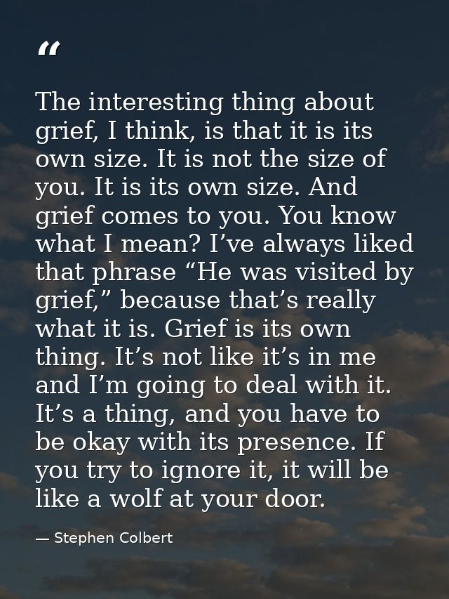 The interesting thing about grief, I think, is that it is its own size. It is not the size of you. It is its own size. A — Stephen Colbert