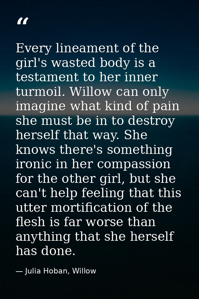 Every lineament of the girl's wasted body is a testament to her inner turmoil. Willow can only imagine what kind of pain — Julia Hoban, Willow