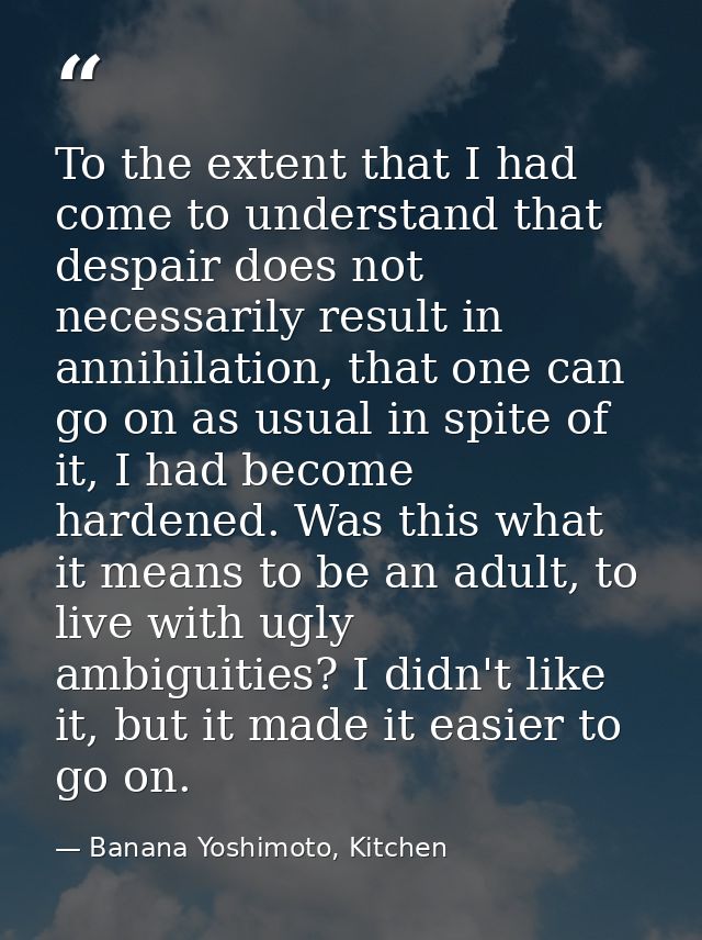To the extent that I had come to understand that despair does not necessarily result in annihilation, that one can go on — Banana Yoshimoto, Kitchen