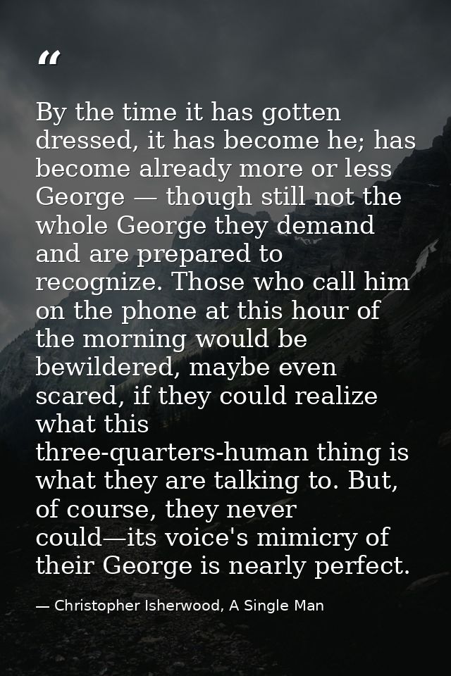 By the time it has gotten dressed, it has become he; has become already more or less George — though still not the whole — Christopher Isherwood, A Single Man