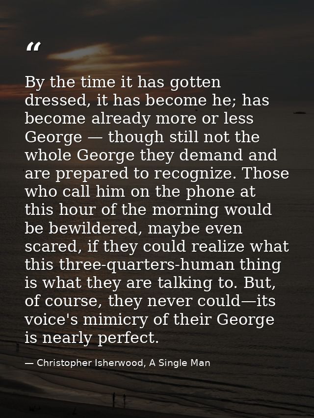 By the time it has gotten dressed, it has become he; has become already more or less George — though still not the whole — Christopher Isherwood, A Single Man