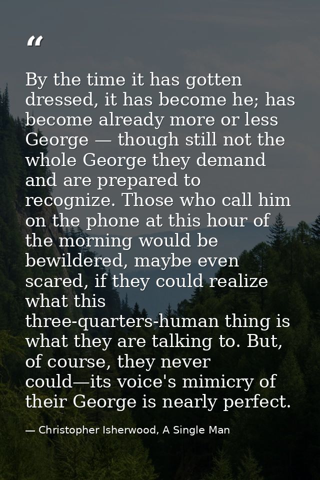 By the time it has gotten dressed, it has become he; has become already more or less George — though still not the whole — Christopher Isherwood, A Single Man