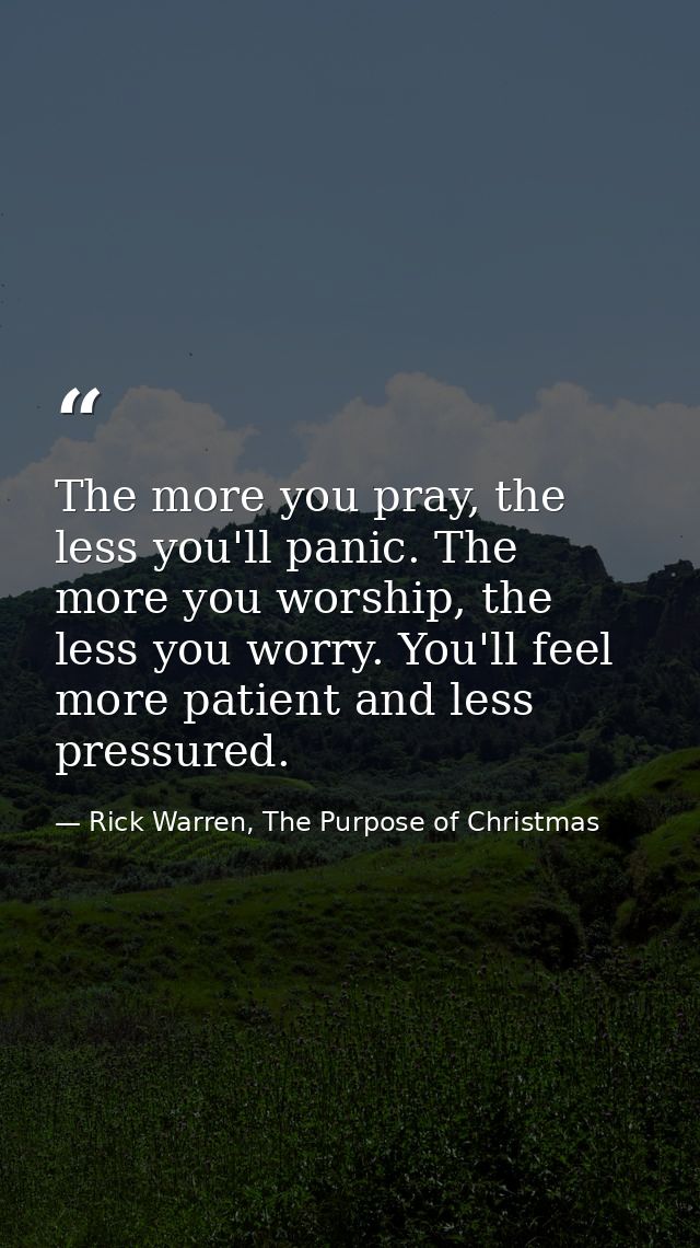 The more you pray, the less you'll panic. The more you worship, the less you worry. You'll feel more patient and less pr — Rick Warren, The Purpose of Christmas