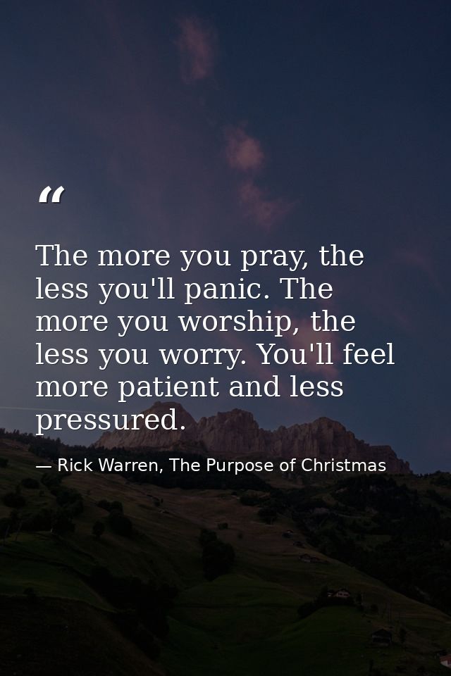 The more you pray, the less you'll panic. The more you worship, the less you worry. You'll feel more patient and less pr — Rick Warren, The Purpose of Christmas