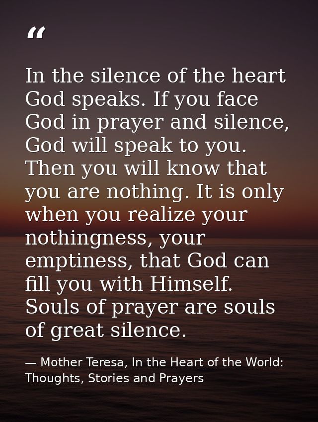 In the silence of the heart God speaks. If you face God in prayer and silence, God will speak to you. Then you will know — Mother Teresa, In the Heart of the World: Thoughts, Stories and Prayers