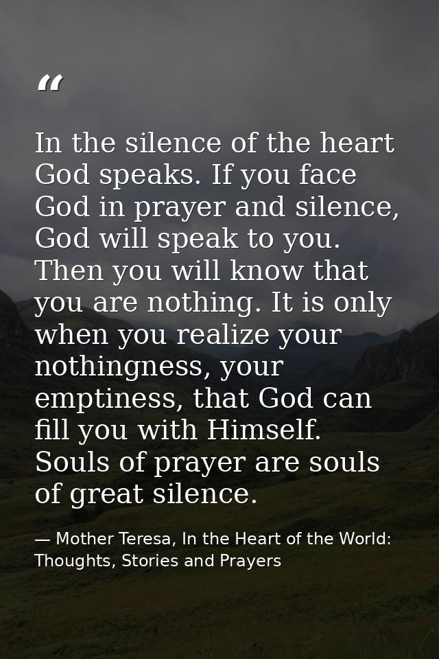 In the silence of the heart God speaks. If you face God in prayer and silence, God will speak to you. Then you will know — Mother Teresa, In the Heart of the World: Thoughts, Stories and Prayers