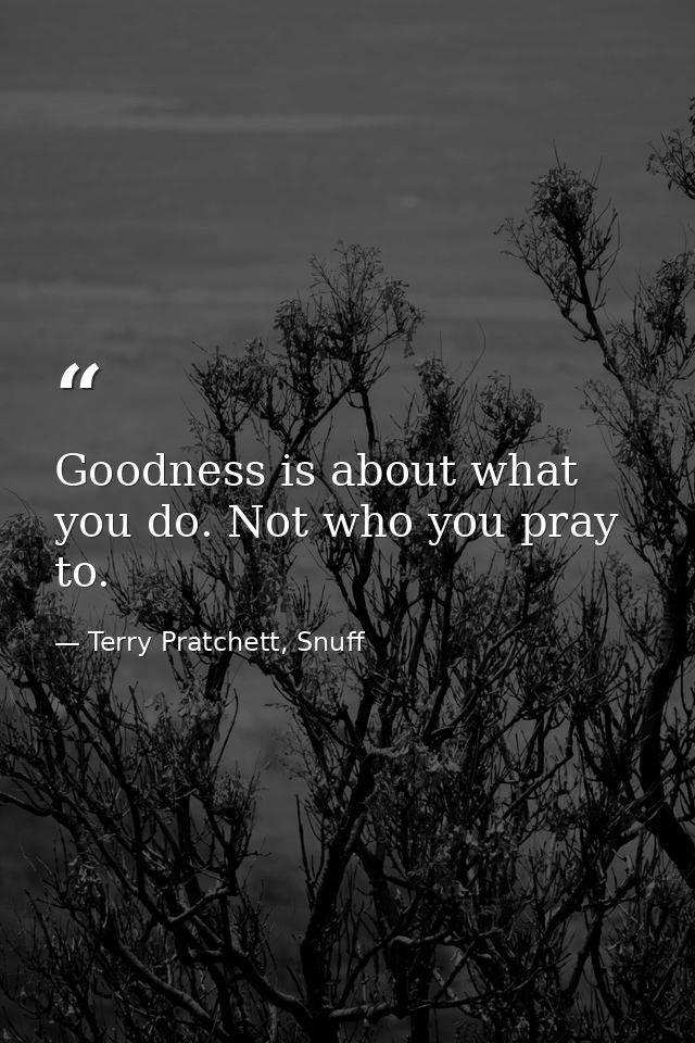 Goodness is about what you do. Not who you pray to. — Terry Pratchett, Snuff