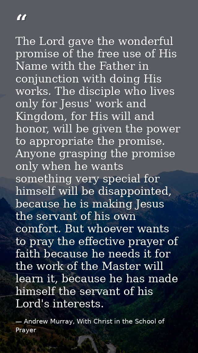 The Lord gave the wonderful promise of the free use of His Name with the Father in conjunction with doing His works. The — Andrew Murray, With Christ in the School of Prayer