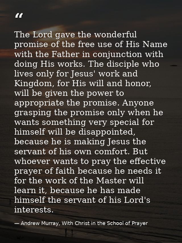 The Lord gave the wonderful promise of the free use of His Name with the Father in conjunction with doing His works. The — Andrew Murray, With Christ in the School of Prayer