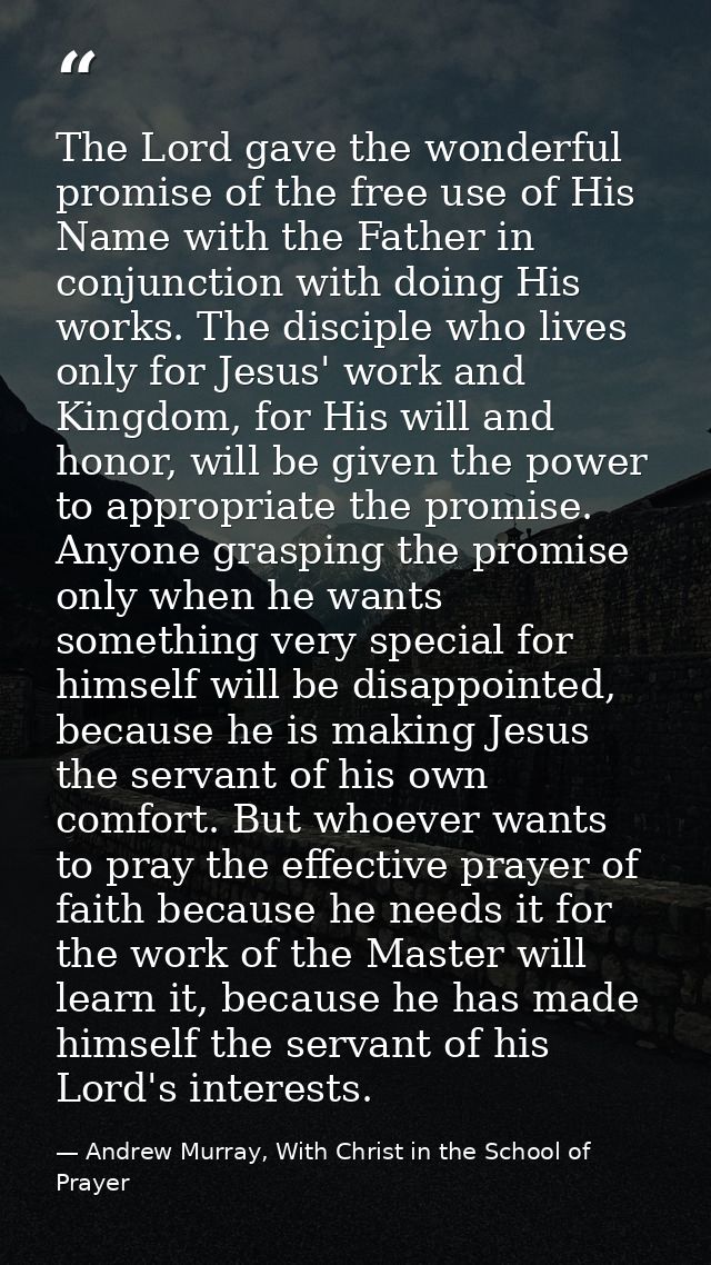 The Lord gave the wonderful promise of the free use of His Name with the Father in conjunction with doing His works. The — Andrew Murray, With Christ in the School of Prayer