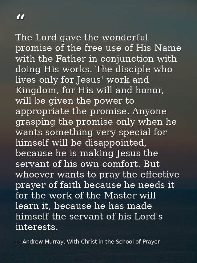 The Lord gave the wonderful promise of the free use of His Name with the Father in conjunction with doing His works. The — Andrew Murray, With Christ in the School of Prayer
