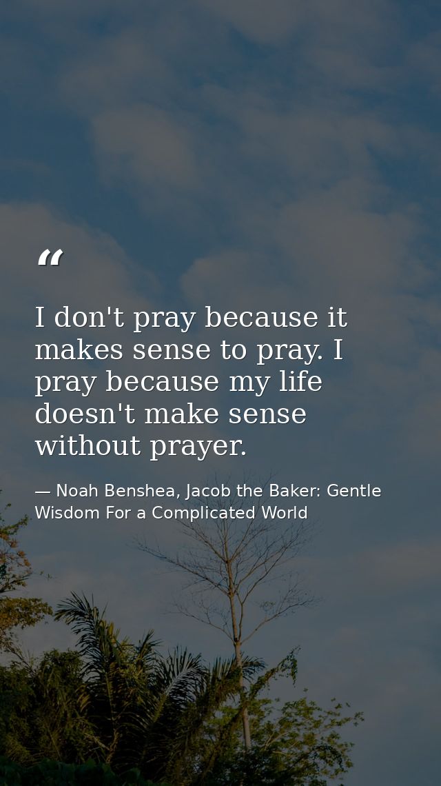 I don't pray because it makes sense to pray. I pray because my life doesn't make sense without prayer. — Noah Benshea, Jacob the Baker: Gentle Wisdom For a Complicated World