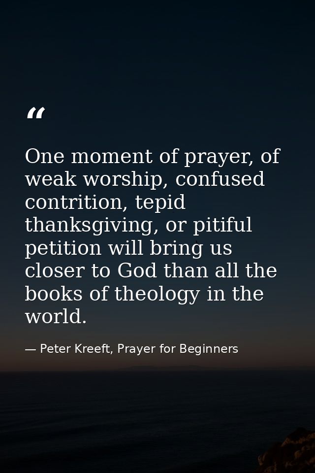 One moment of prayer, of weak worship, confused contrition, tepid thanksgiving, or pitiful petition will bring us closer — Peter Kreeft, Prayer for Beginners
