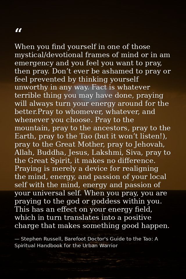 When you find yourself in one of those mystical/devotional frames of mind or in am emergency and you feel you want to pr — Stephen Russell, Barefoot Doctor's Guide to the Tao: A Spiritual Handbook for the Urban Warrior