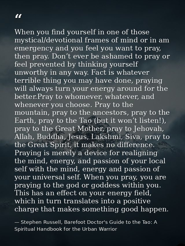 When you find yourself in one of those mystical/devotional frames of mind or in am emergency and you feel you want to pr — Stephen Russell, Barefoot Doctor's Guide to the Tao: A Spiritual Handbook for the Urban Warrior