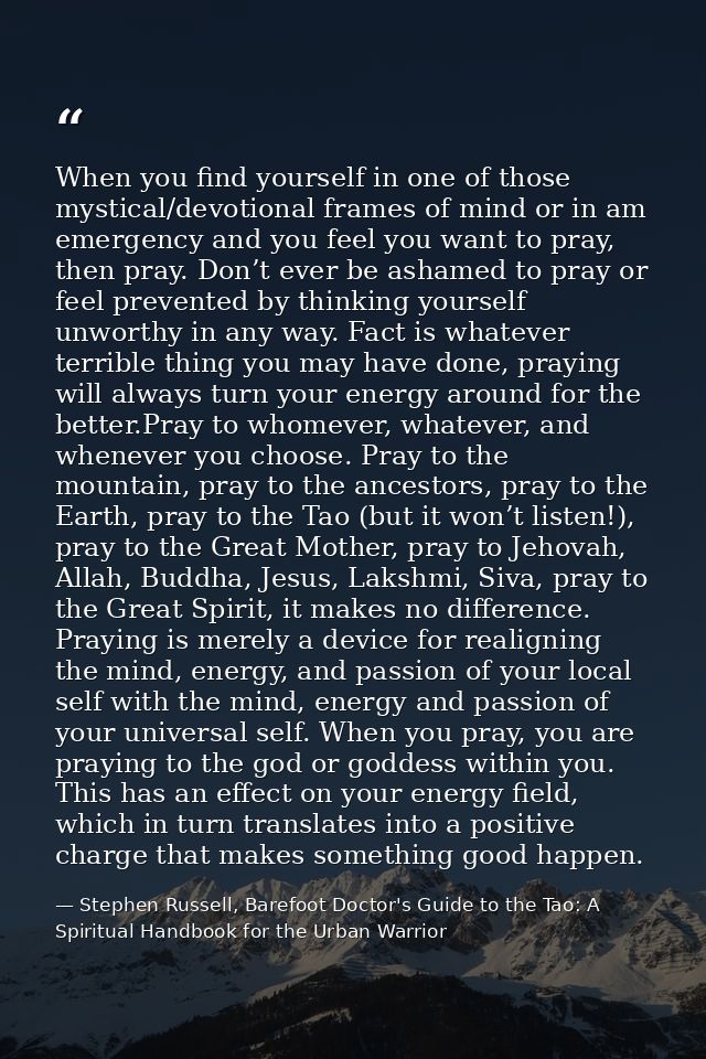 When you find yourself in one of those mystical/devotional frames of mind or in am emergency and you feel you want to pr — Stephen Russell, Barefoot Doctor's Guide to the Tao: A Spiritual Handbook for the Urban Warrior