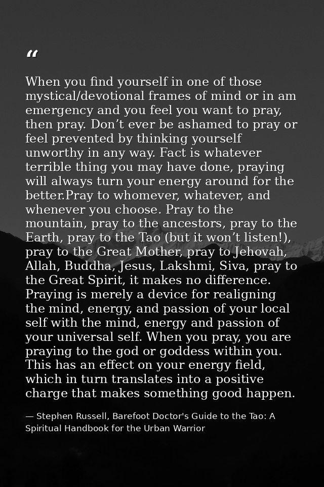 When you find yourself in one of those mystical/devotional frames of mind or in am emergency and you feel you want to pr — Stephen Russell, Barefoot Doctor's Guide to the Tao: A Spiritual Handbook for the Urban Warrior