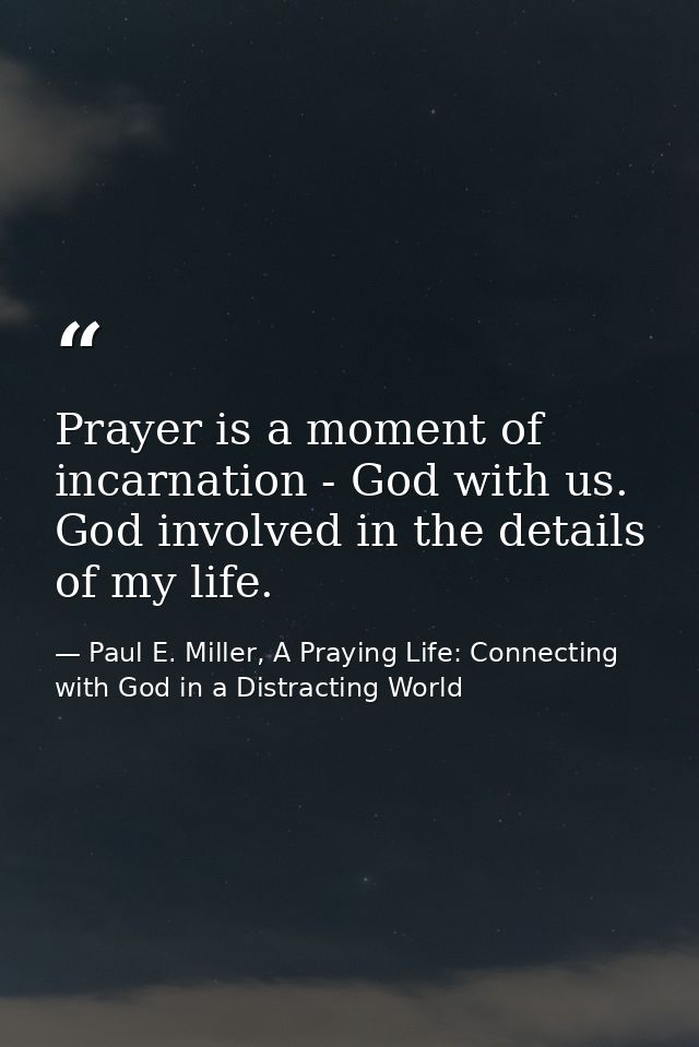 Prayer is a moment of incarnation - God with us. God involved in the details of my life. — Paul E. Miller, A Praying Life: Connecting with God in a Distracting World