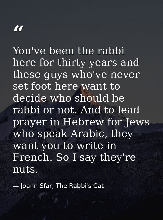 You've been the rabbi here for thirty years and these guys who've never set foot here want to decide who should be rabbi — Joann Sfar, The Rabbi's Cat