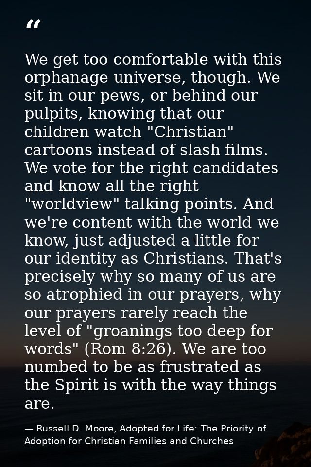 We get too comfortable with this orphanage universe, though. We sit in our pews, or behind our pulpits, knowing that our — Russell D. Moore, Adopted for Life: The Priority of Adoption for Christian Families and Churches