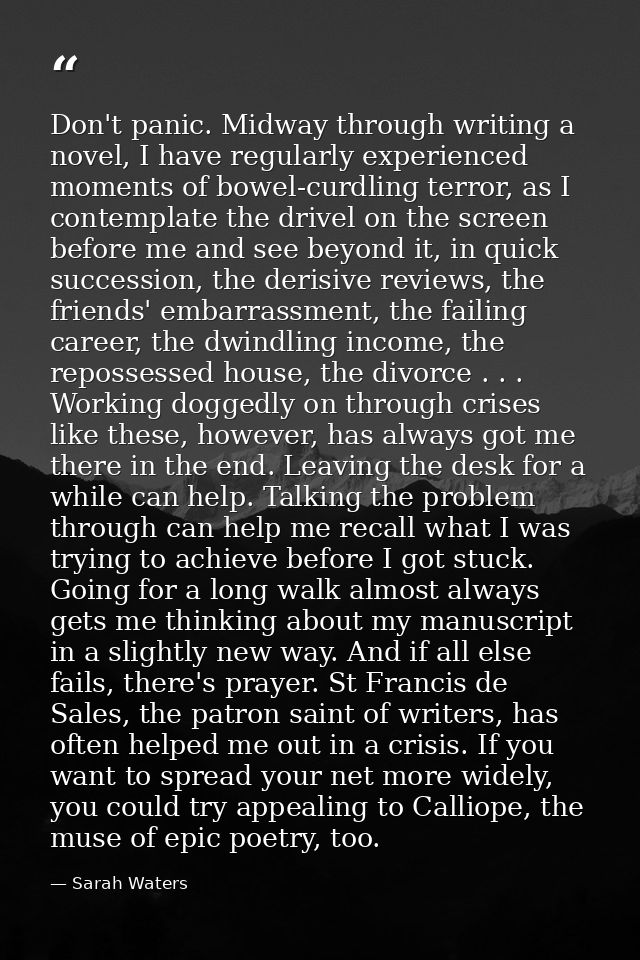 Don't panic. Midway through writing a novel, I have regularly experienced moments of bowel-curdling terror, as I contemp — Sarah Waters