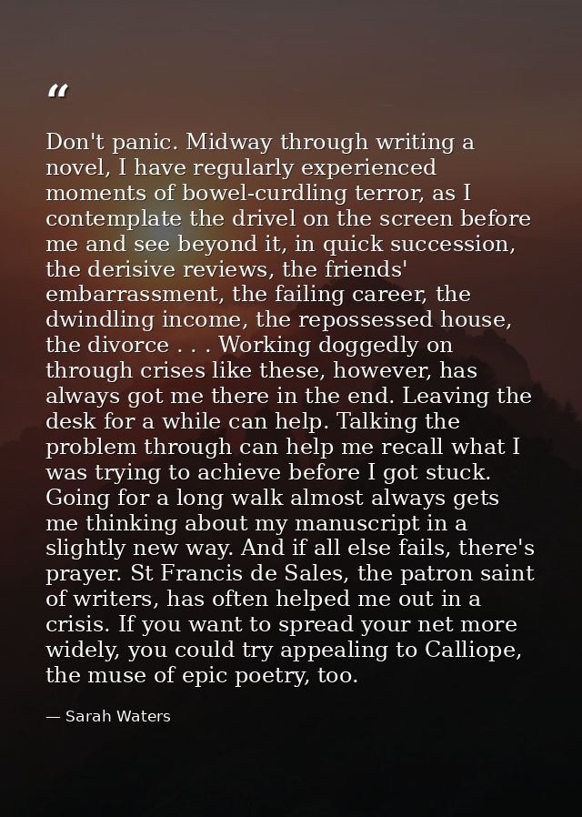 Don't panic. Midway through writing a novel, I have regularly experienced moments of bowel-curdling terror, as I contemp — Sarah Waters