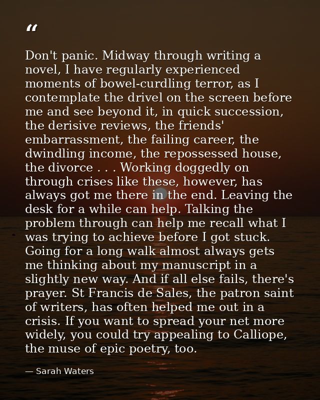 Don't panic. Midway through writing a novel, I have regularly experienced moments of bowel-curdling terror, as I contemp — Sarah Waters