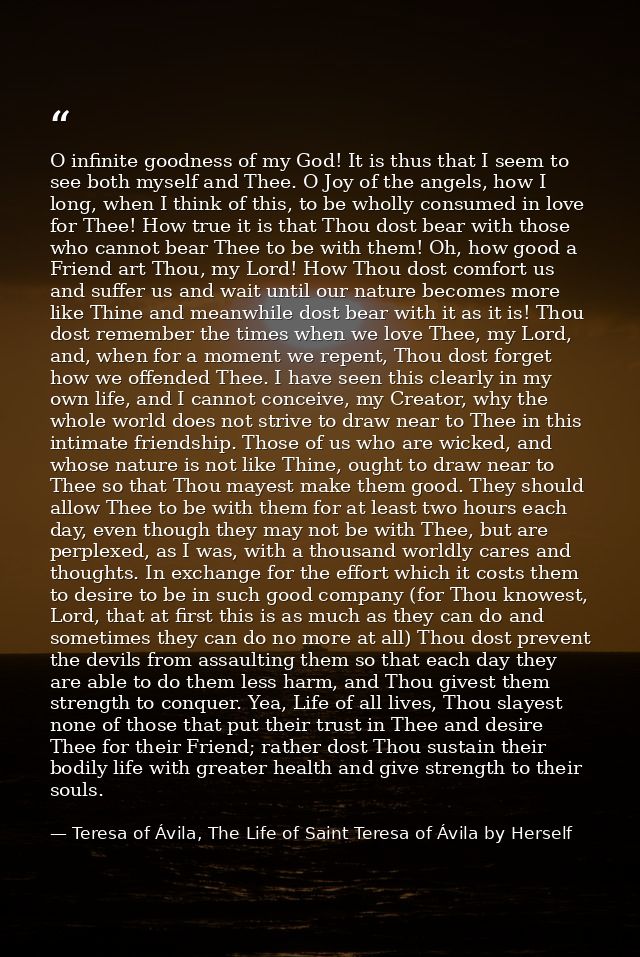O infinite goodness of my God! It is thus that I seem to see both myself and Thee. O Joy of the angels, how I long, when — Teresa of Ávila, The Life of Saint Teresa of Ávila by Herself