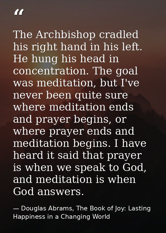 The Archbishop cradled his right hand in his left. He hung his head in concentration. The goal was meditation, but I've  — Douglas Abrams, The Book of Joy: Lasting Happiness in a Changing World