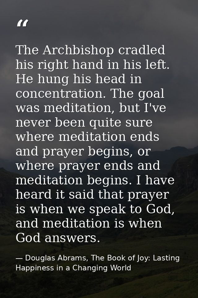 The Archbishop cradled his right hand in his left. He hung his head in concentration. The goal was meditation, but I've  — Douglas Abrams, The Book of Joy: Lasting Happiness in a Changing World