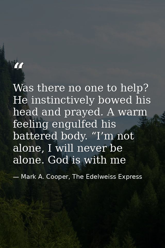 Was there no one to help? He instinctively bowed his head and prayed. A warm feeling engulfed his battered body. “I’m no — Mark A. Cooper, The Edelweiss Express
