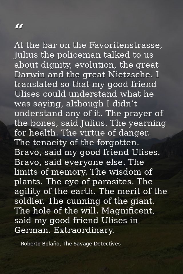 At the bar on the Favoritenstrasse, Julius the policeman talked to us about dignity, evolution, the great Darwin and the — Roberto Bolaño, The Savage Detectives